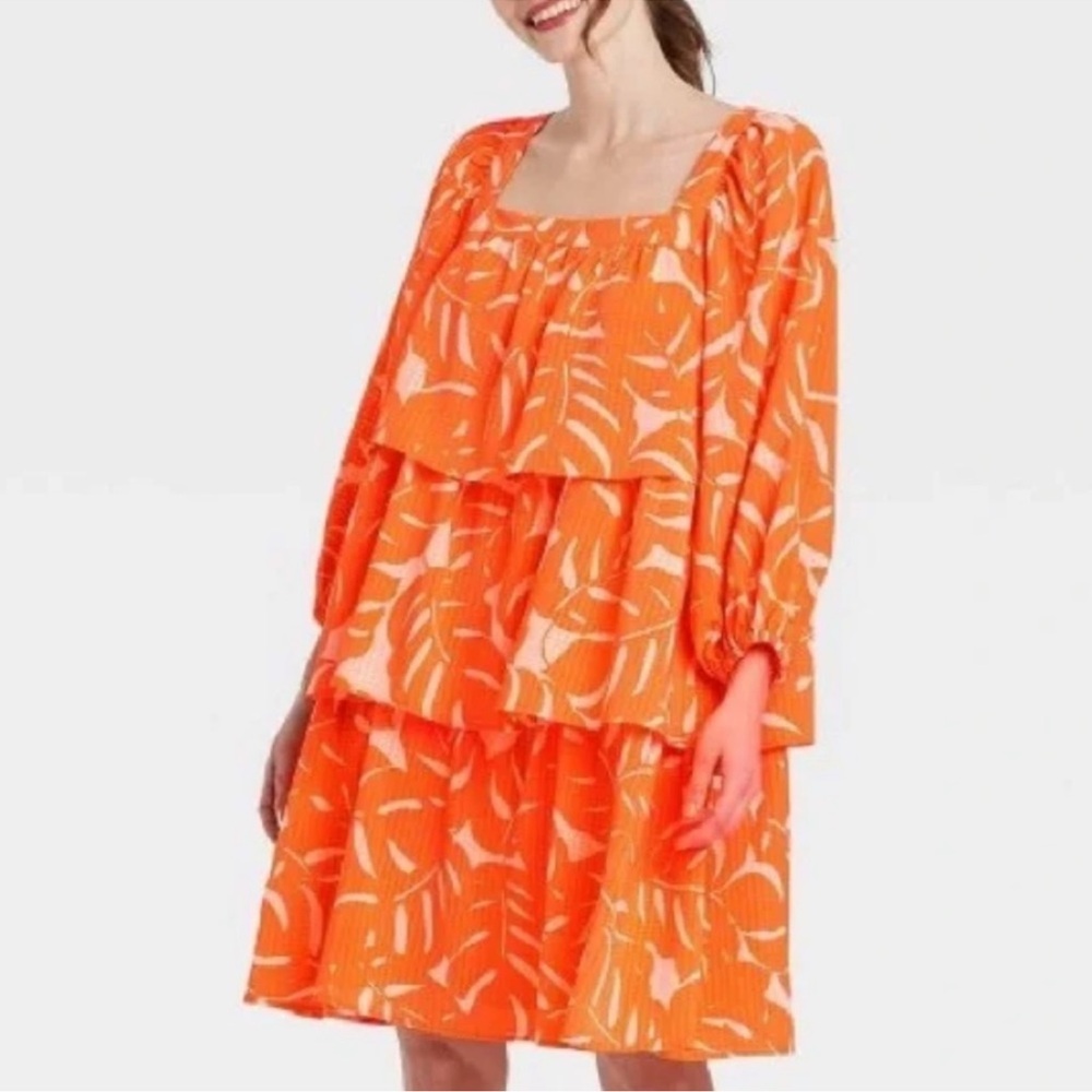 Who What Wear Dress Women's Medium Orange Mini Tiered Babydoll Square Neck Boho
